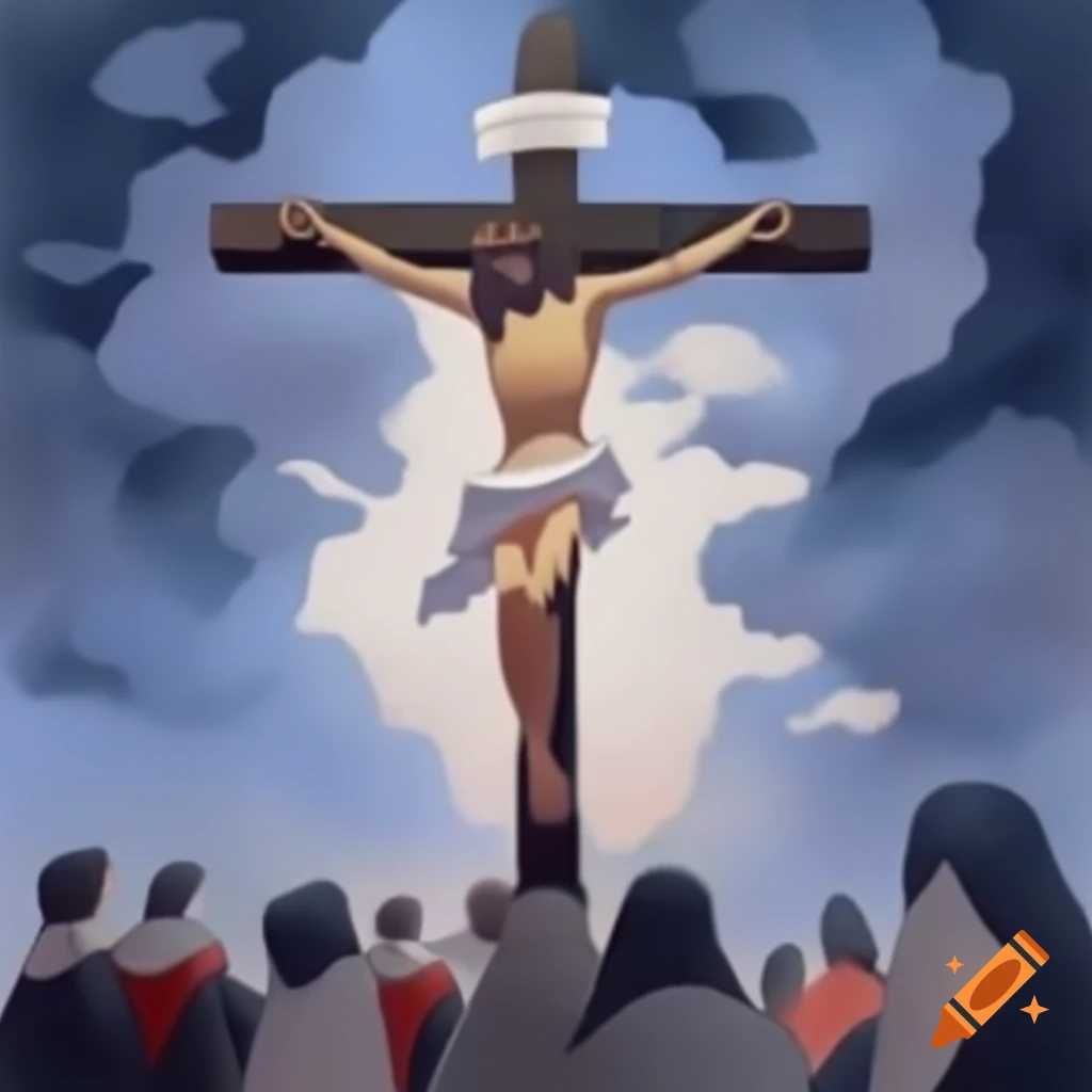 Watercolor painting of Jesus on the cross with people and dark clouds
