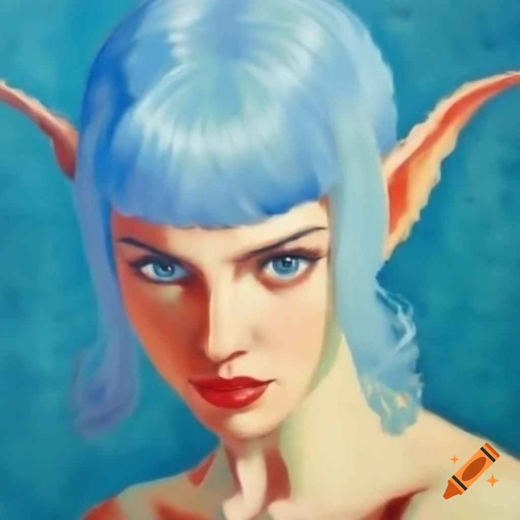Retro pixel art portrait of blue-haired demi-elf in nomad village, impressionist style