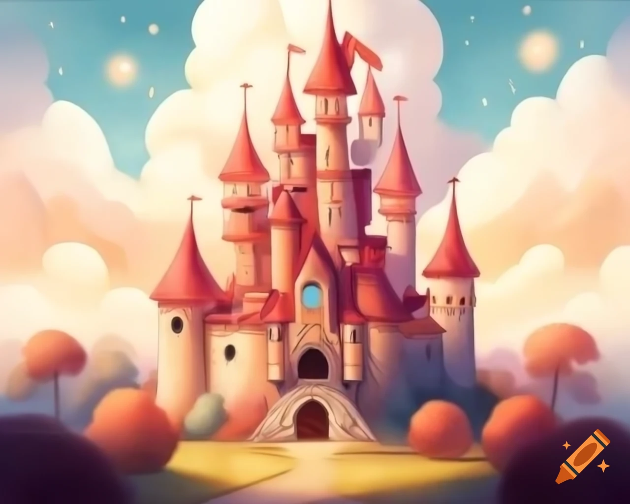 Watercolor fairy castle in soft red and orange shades, storybook style