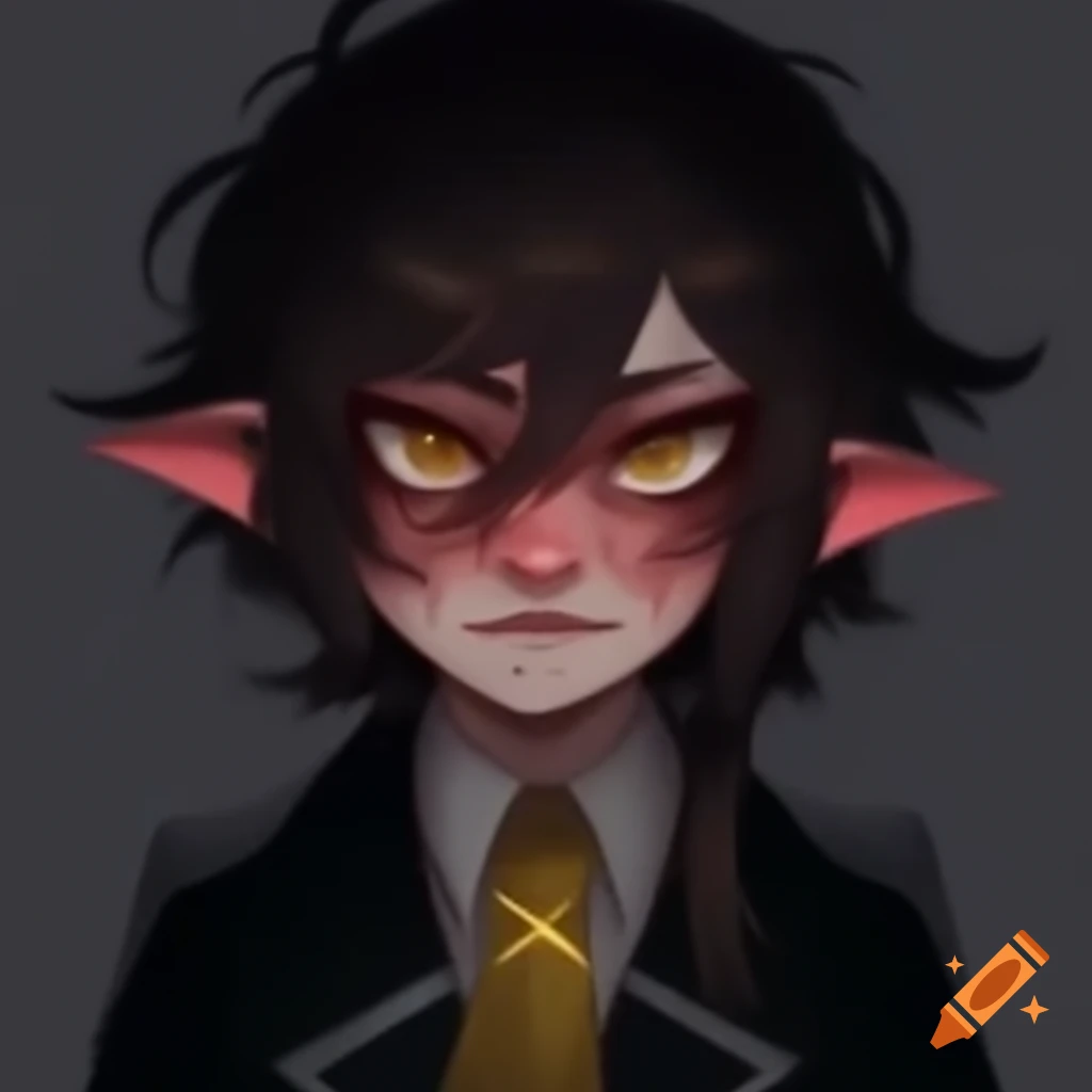 Nonbinary character with messy brunette hair, gold eyes, and scar wearing a school uniform with glowing lines