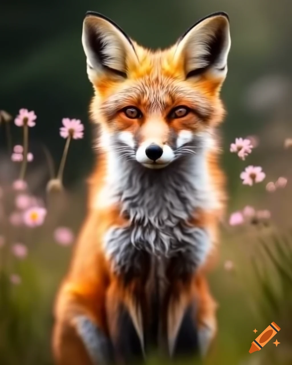Fox hiding behind blooming flowers