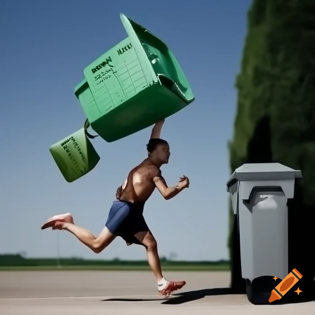 Man running with garbage can to curb