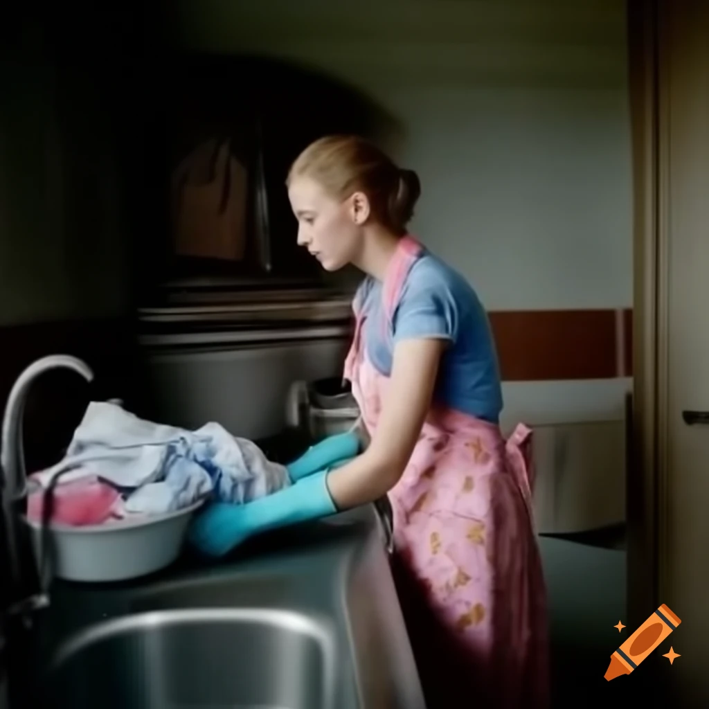 Caucasian housewife in floral apron loading laundry in sink with soap