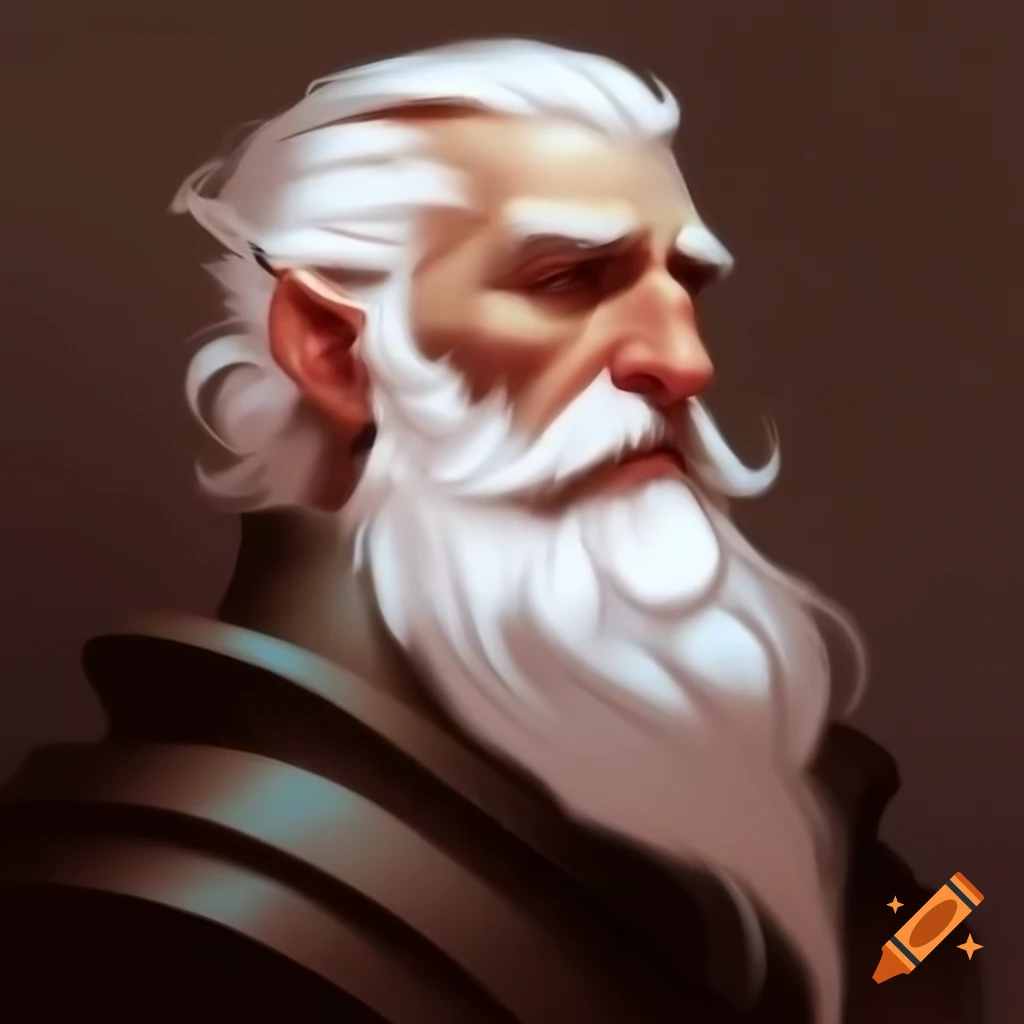 Hyperrealistic portrait of a smiling white bearded man looking upwards