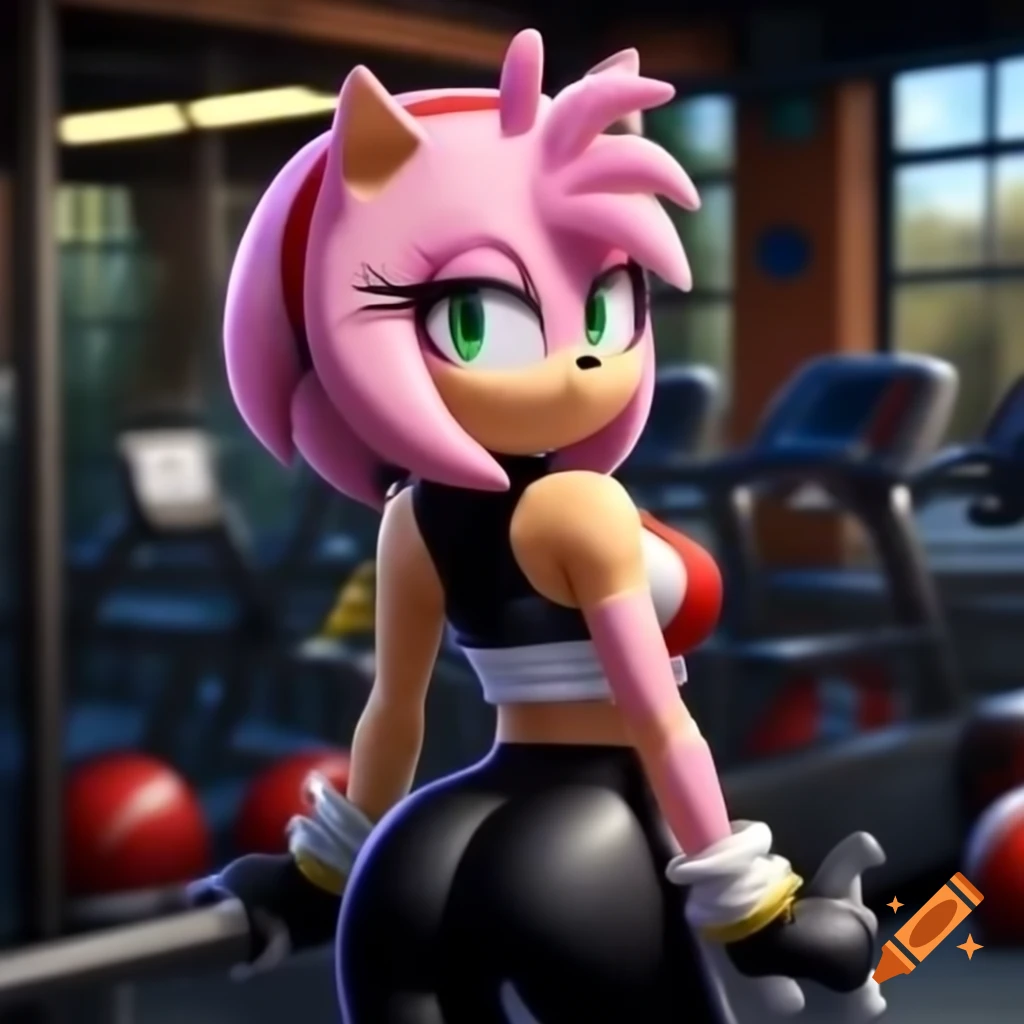 Amy rose at the gym, back view in white top and black leggings, sonic ...
