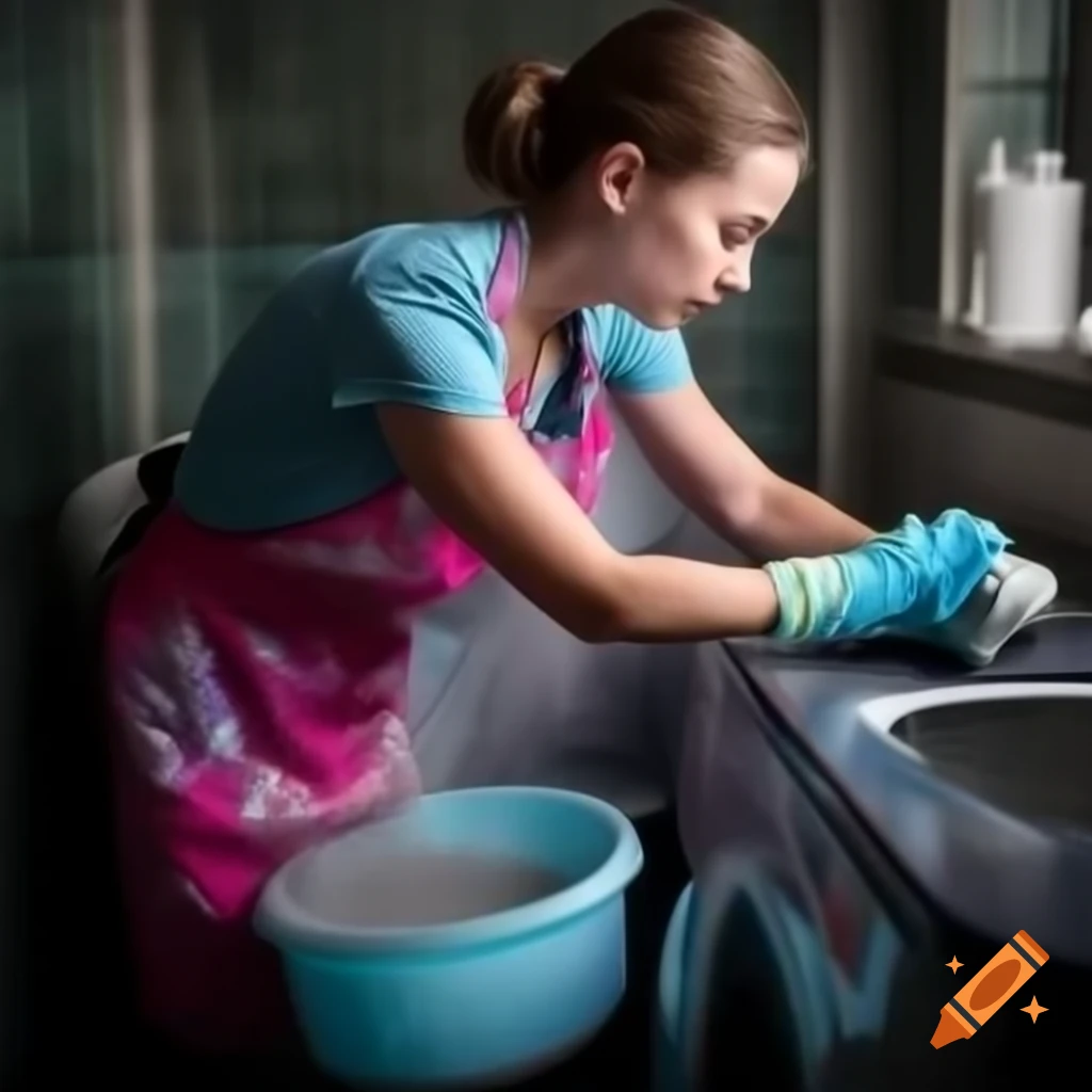 Caucasian housewife in floral apron loading washing powder into washing machine