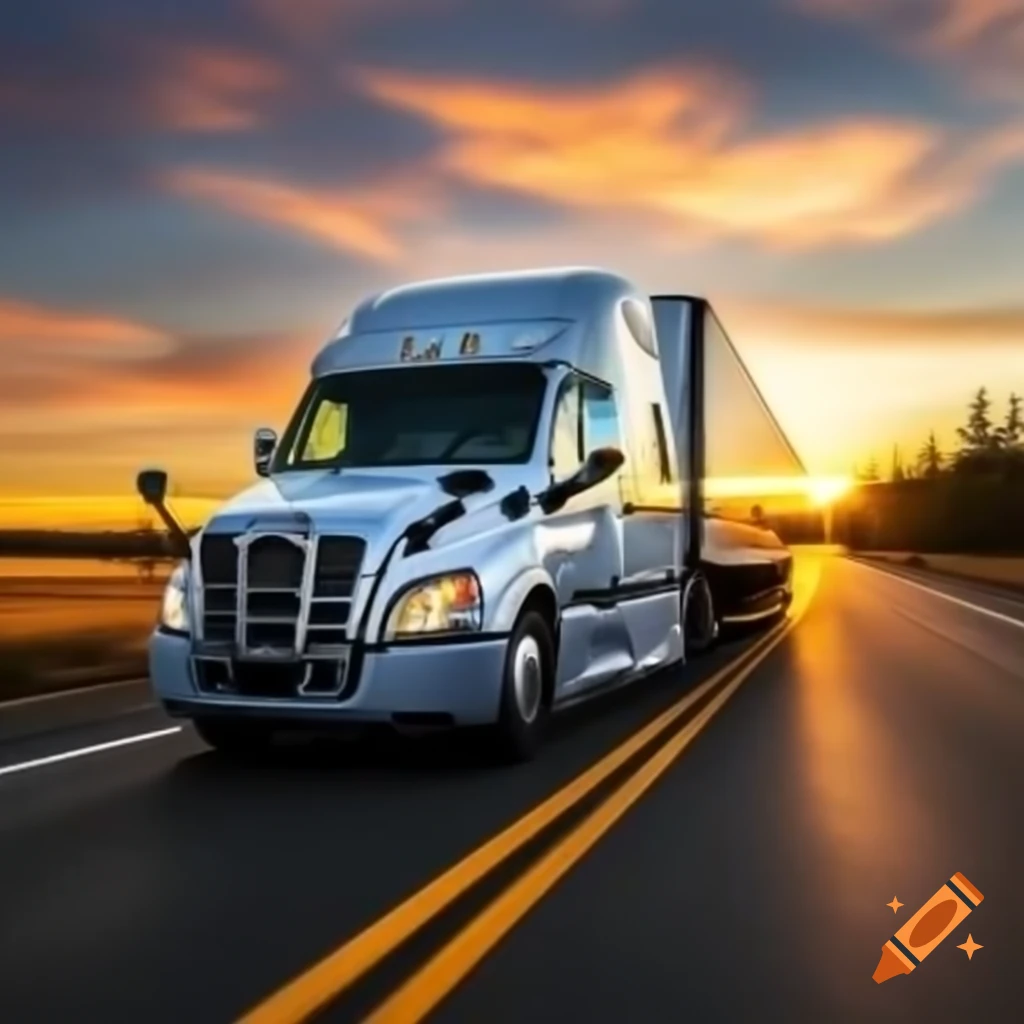 Freightliner Cascadia on open road during sunrise or sunset