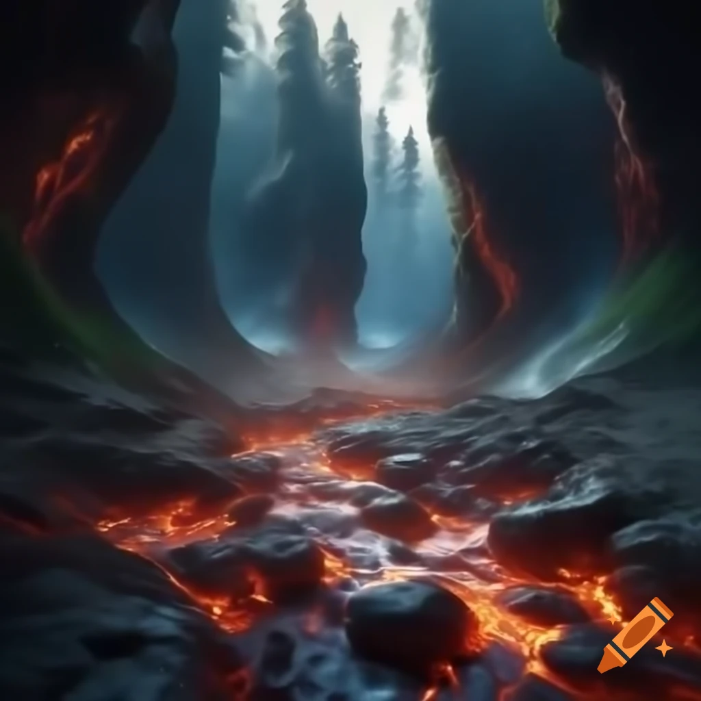 Deadly mountain gorge in forest with bubbling lava at the bottom