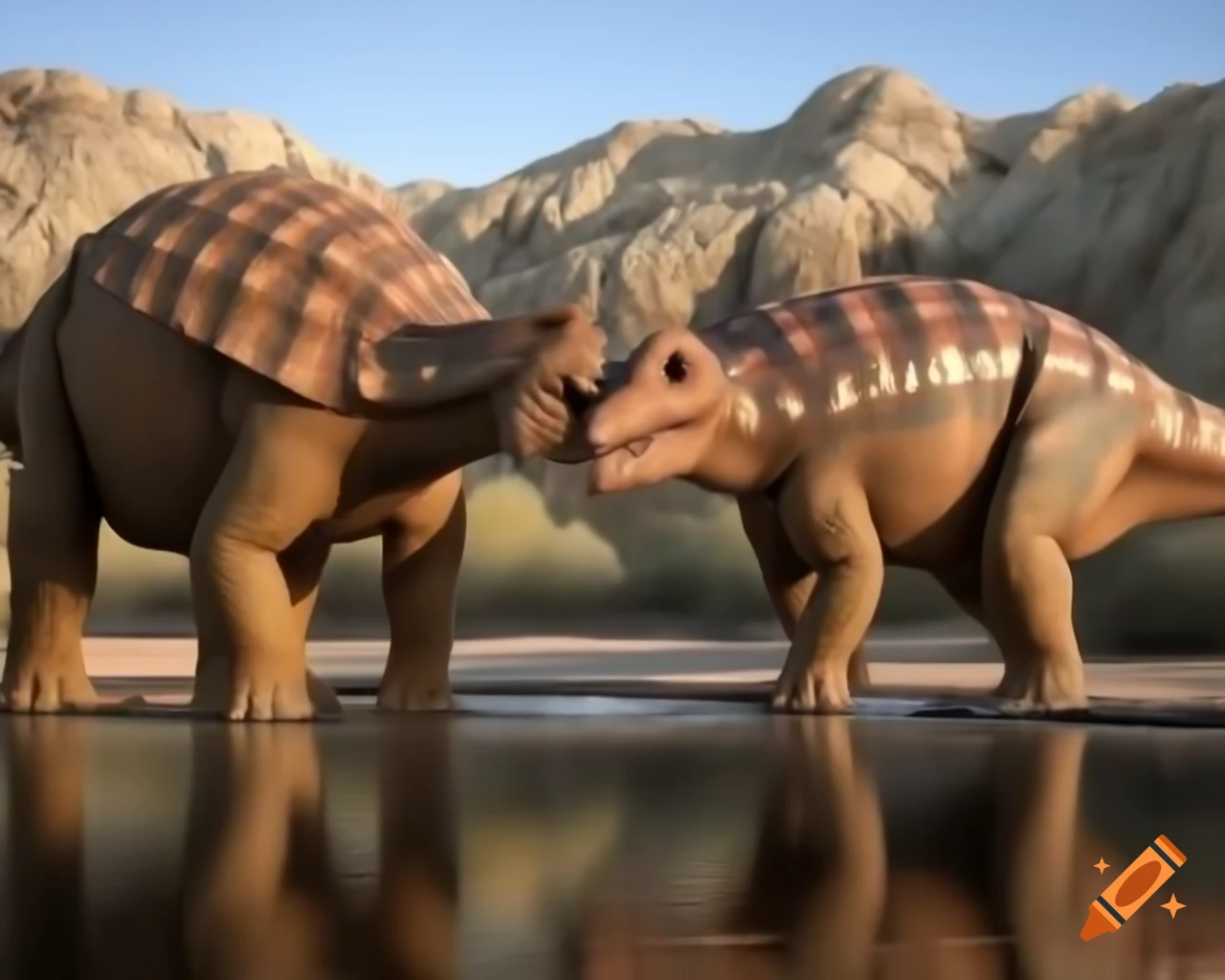 Cinnamon and brown striped ankylosaurus drinking from desert pond in Badlands landscape