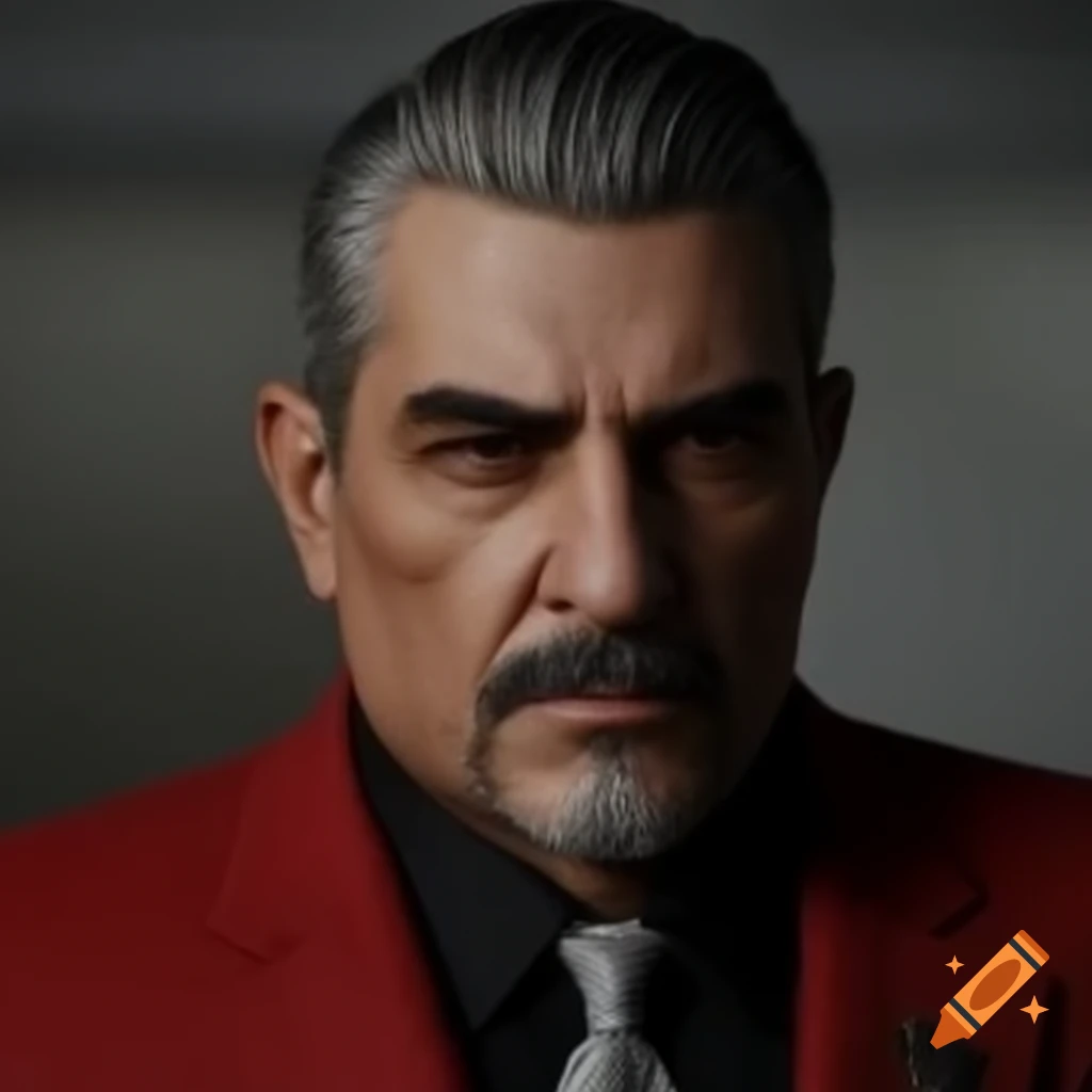 Middle aged Latino mafia boss in red suit with slick hair and goatee