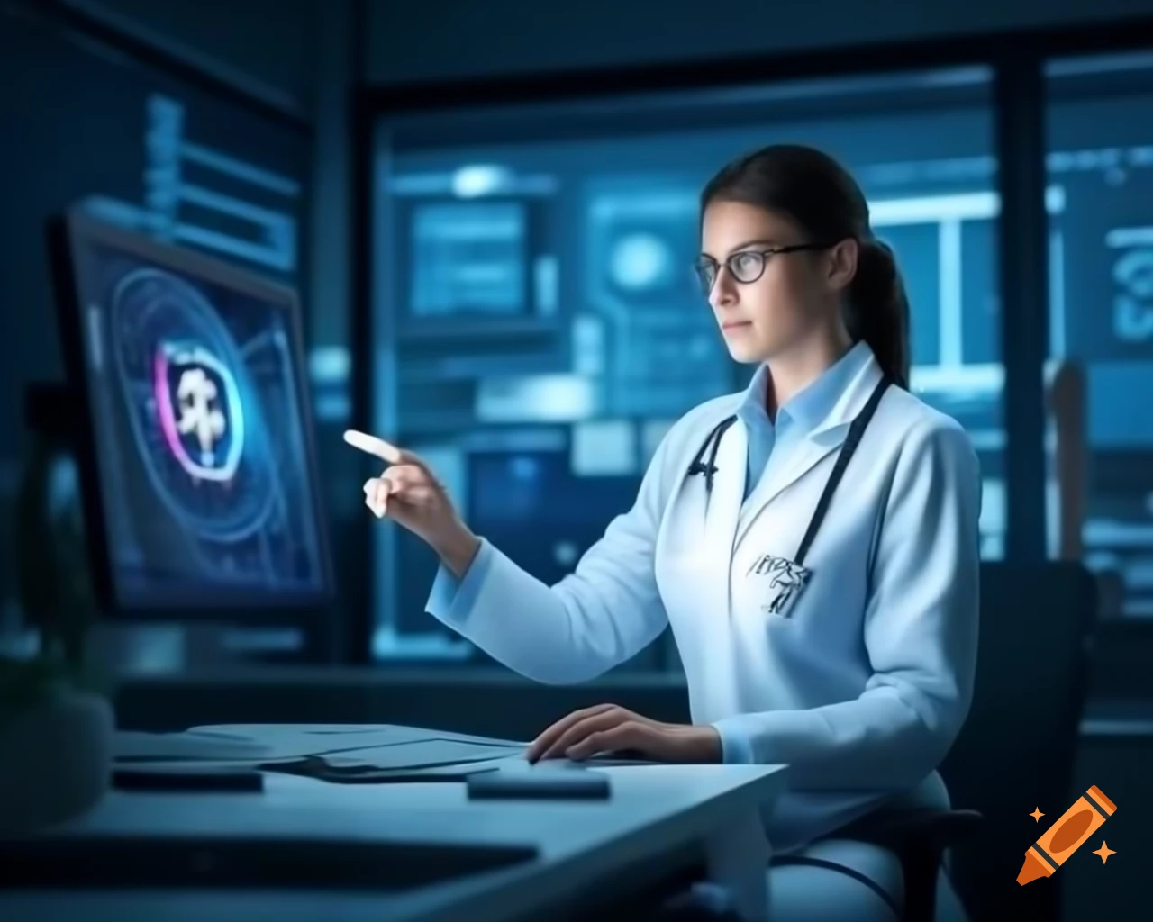 Nutritionist consulting patient via telemedicine with tech indicators on screen