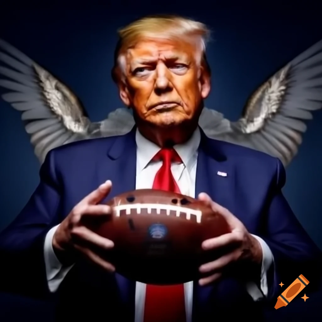 Donald Trump in football jersey posing with football and eagle