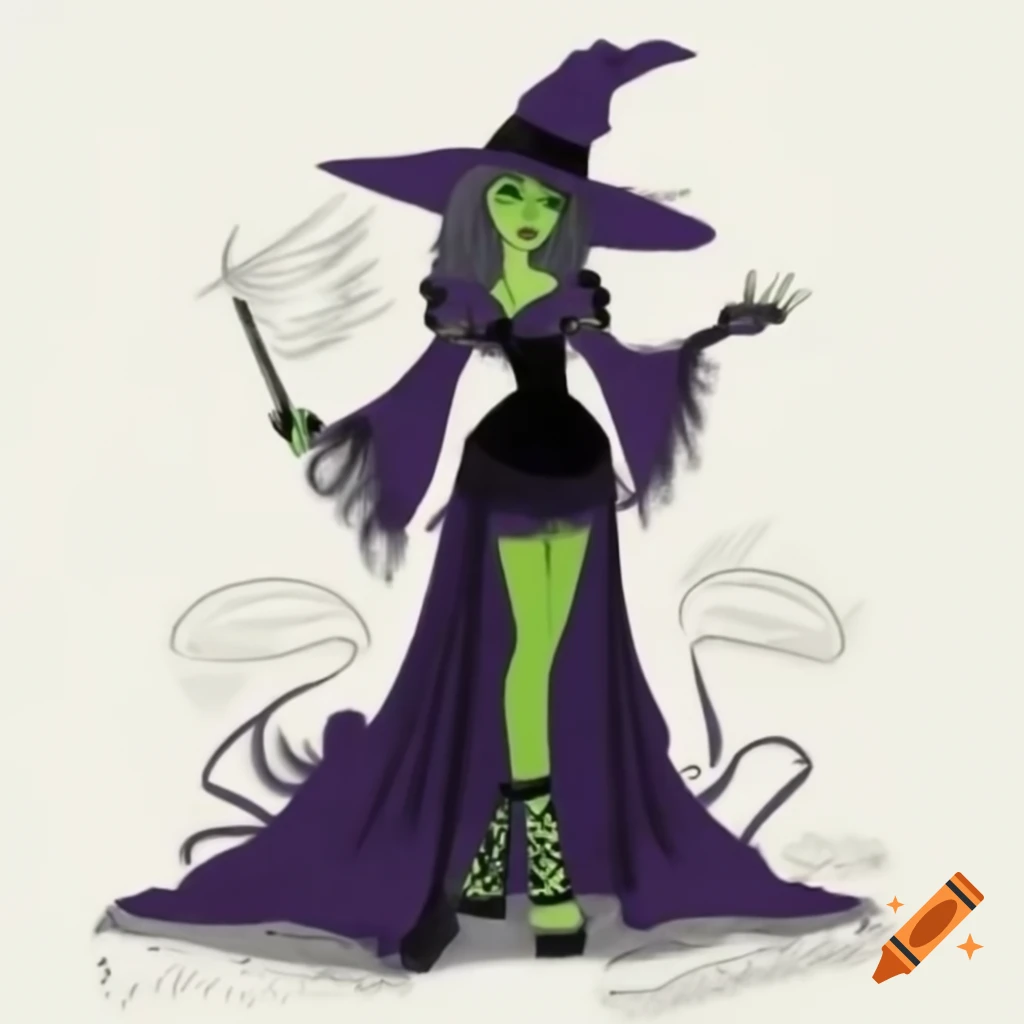 Modern urban punk style costume inspired by wicked witch of the west, full body sketches with graffiti art on a white background