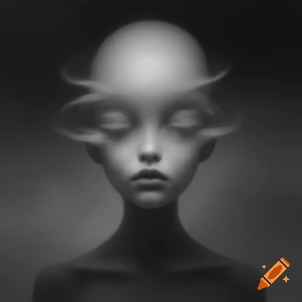 Monochrome surrealist artwork featuring abstract elements