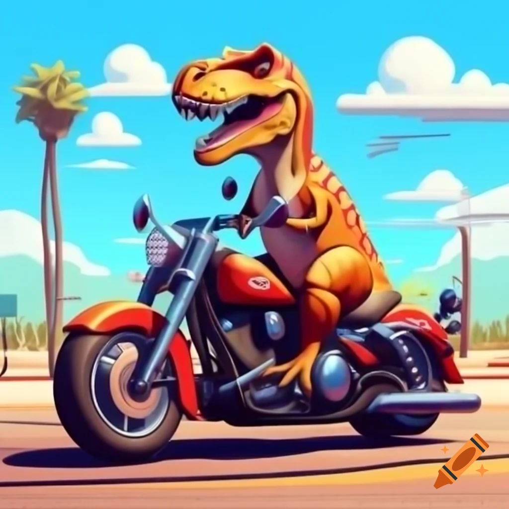 Tyrannosaurus rex on Harley Davidson cruiser motorbike
