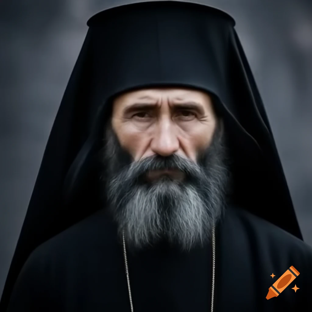 Russian orthodox monk in black robe and headcover