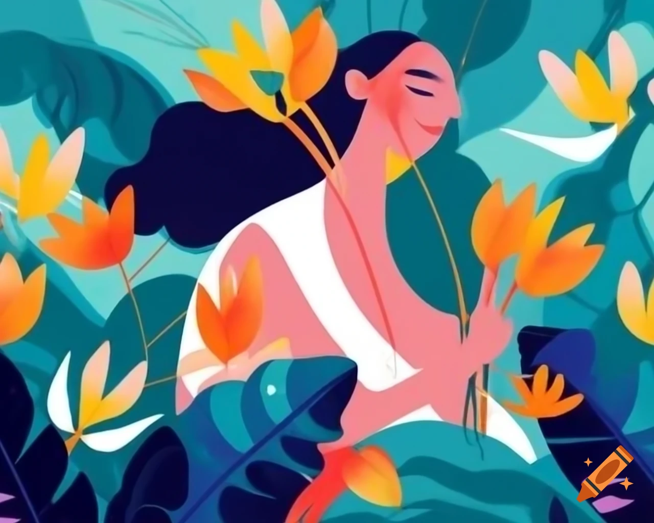 Woman with dreamy expression in abstract jungle landscape with flowers