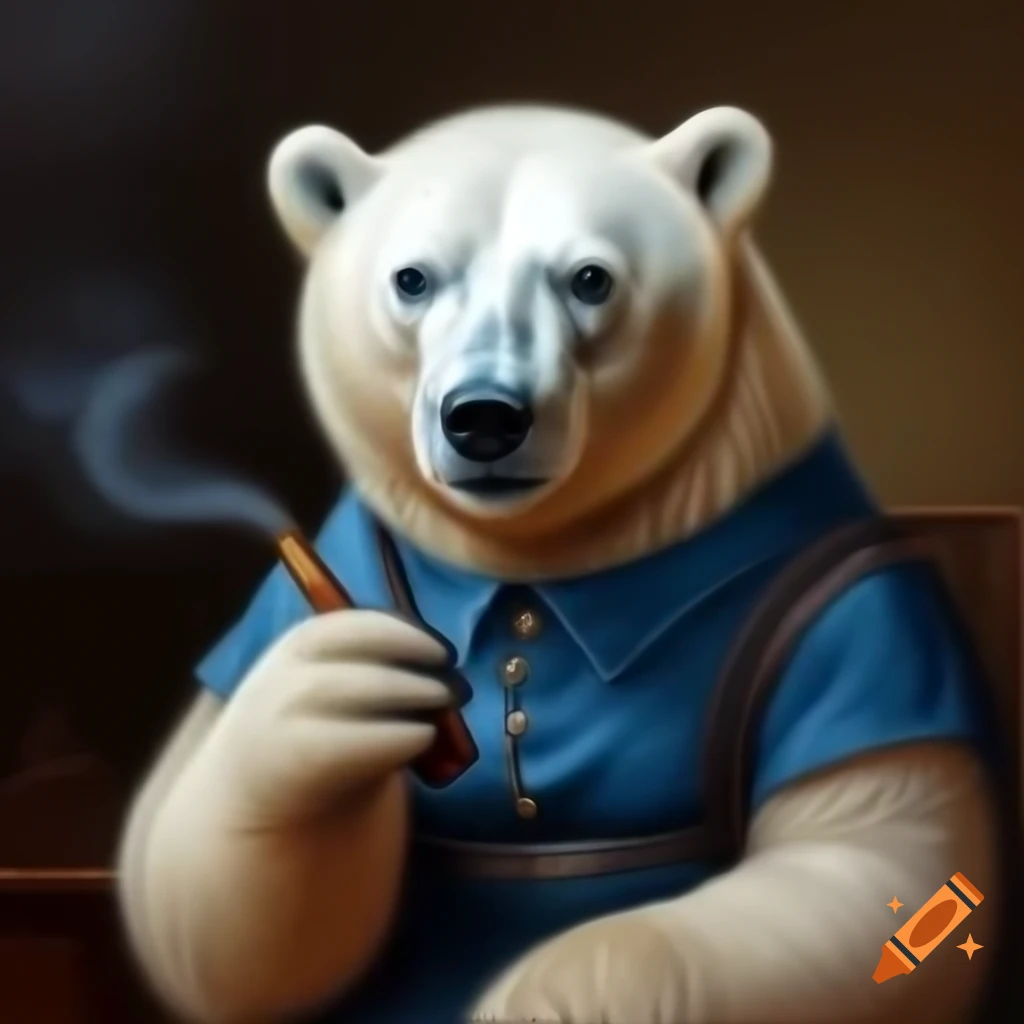 Polar bear in blue dress holding smoking pipe, oil painting