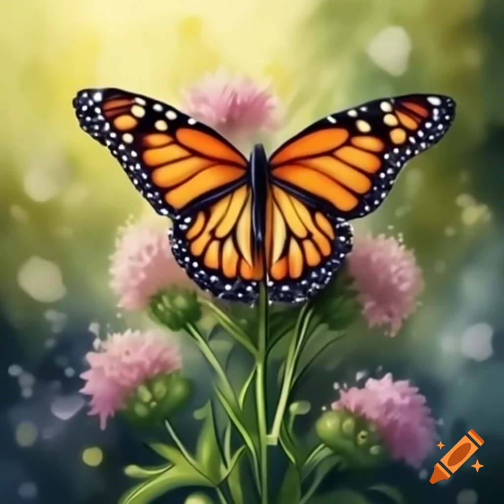 Watercolor painting of monarch butterfly on milkweed sprig