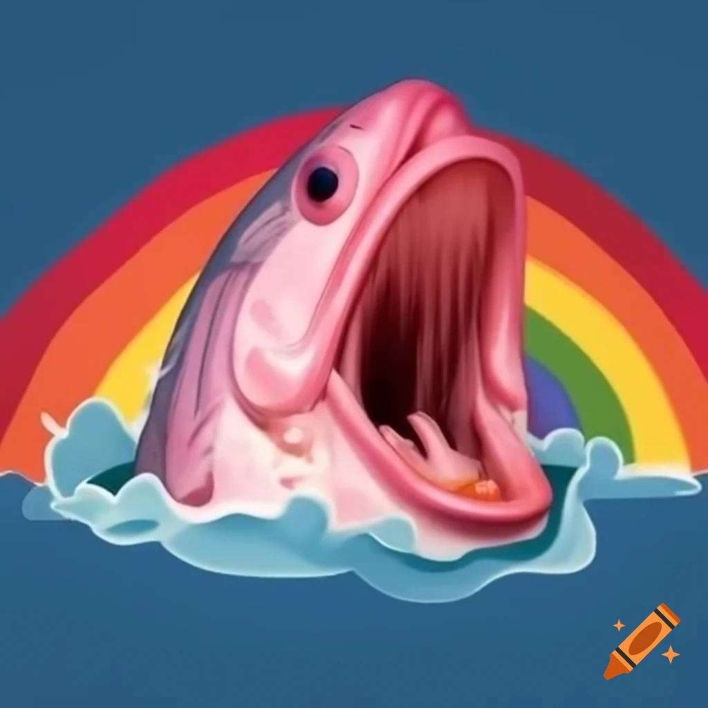 Pink herring with open mouth on colorful rainbow background