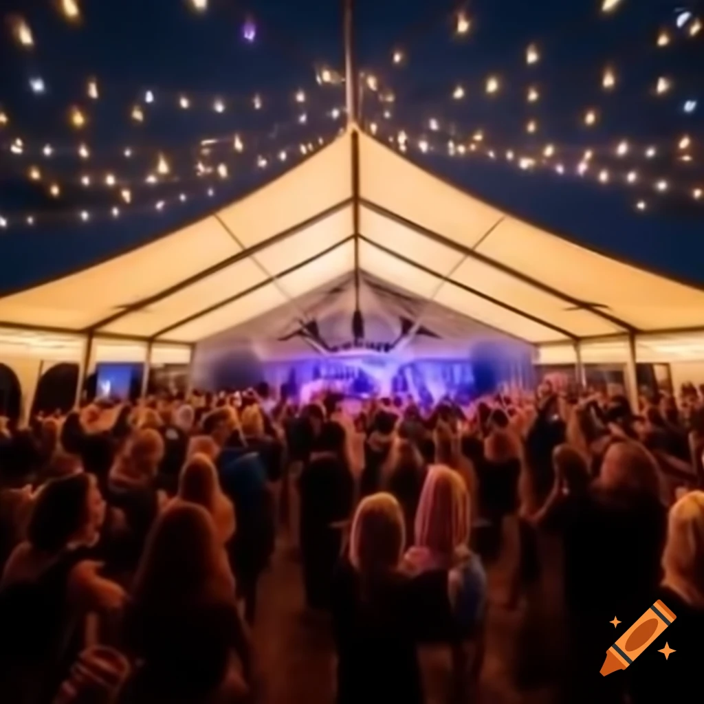 Public Ceilidh dancing under flat-roof marquee with fairy lights and live band