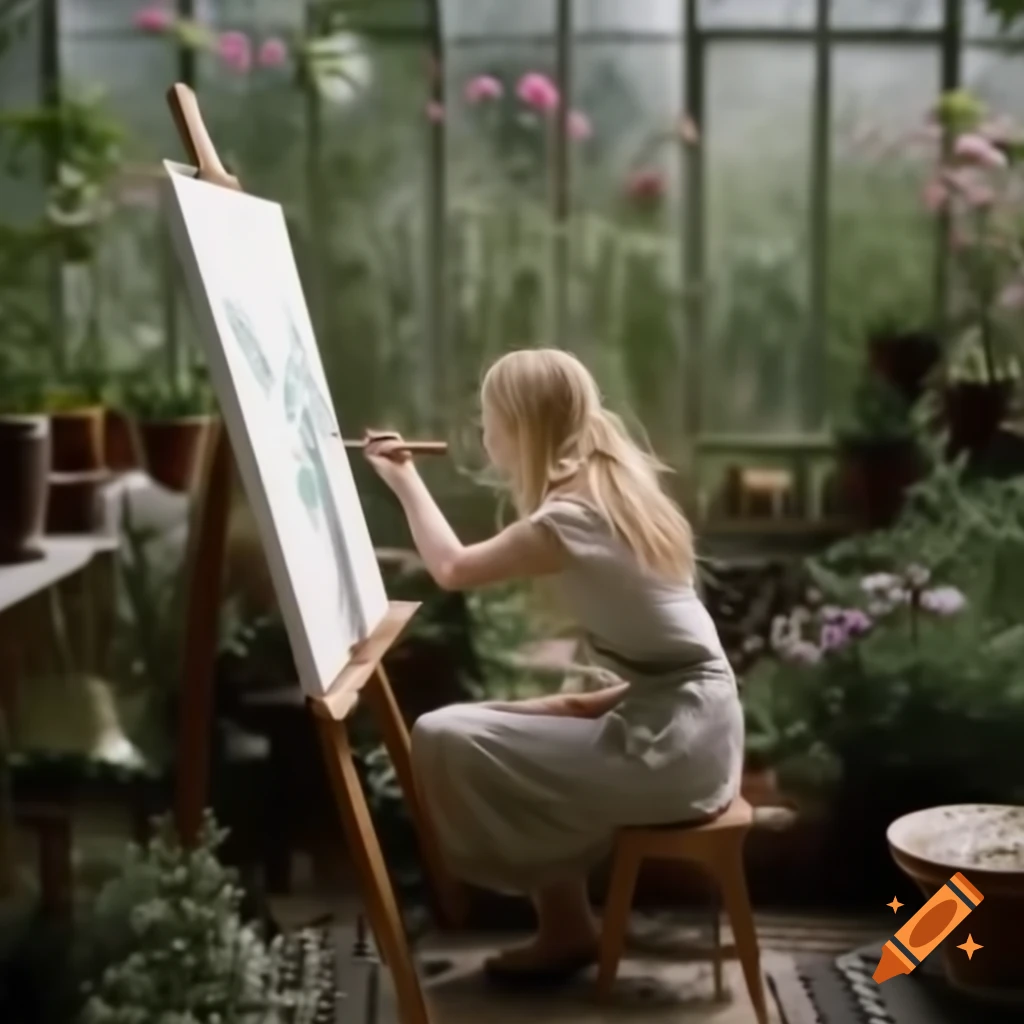 Woman painting in glass greenhouse surrounded by flowers