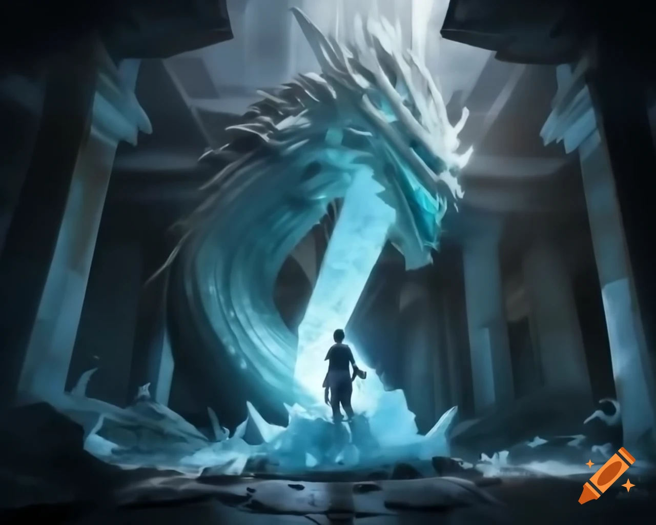 Female explorer discovering luminous ice dragon statue in abandoned temple