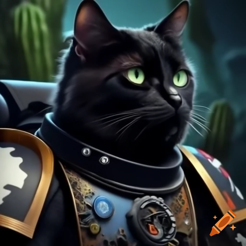 Black cat in space marine armor with cactus backdrop