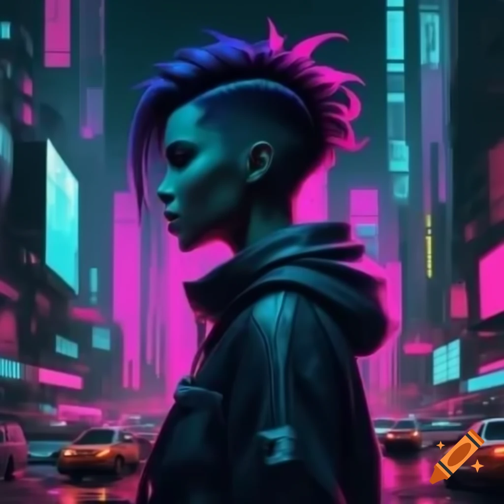 Cyberpunk cityscape with neon colors and girl with mohawk