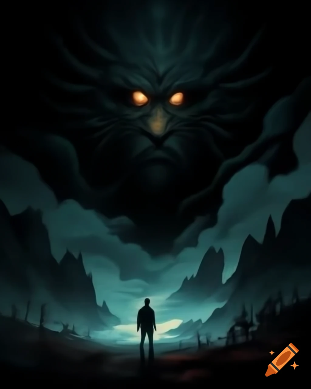 Man confronting monstrous figure in a dark landscape