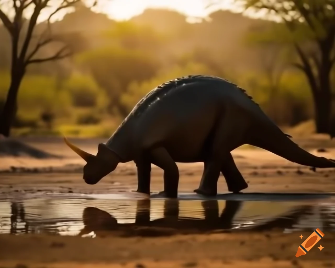 Cinnamon and brown ankylosaurus drinking in puddle under tree in sunny clearing