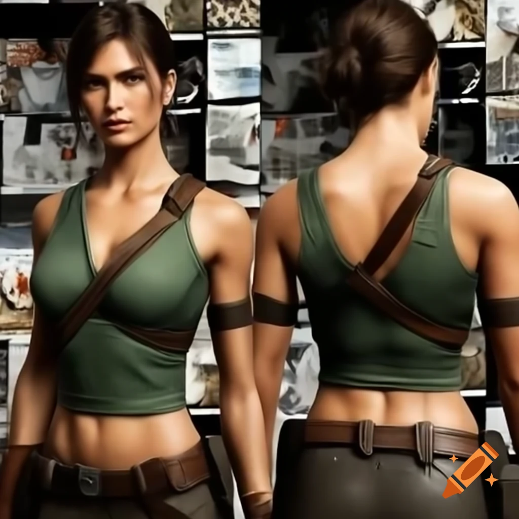 Full body art of Lara Croft with magazine collage background
