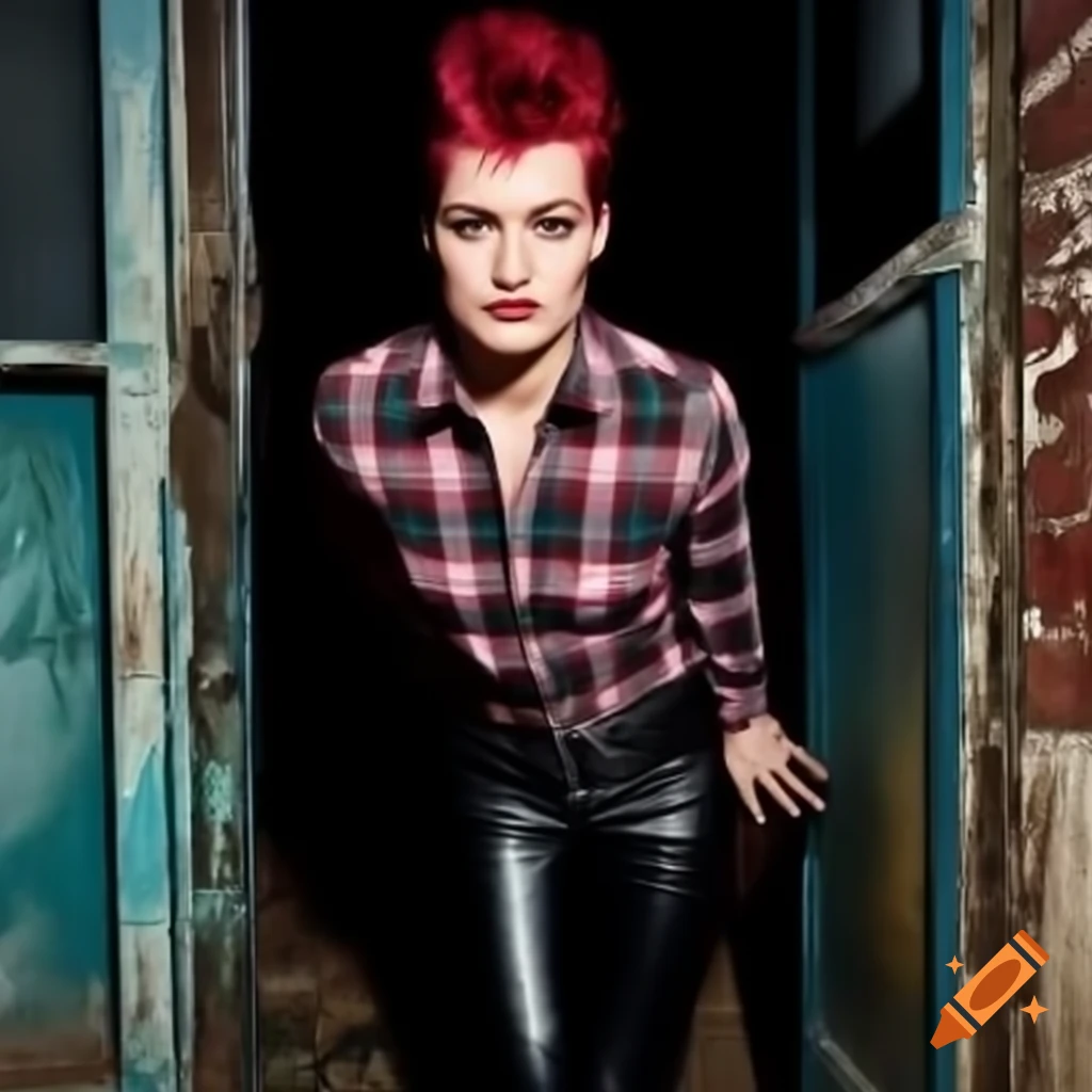 Punk-rocker with mohawk hairstyle in plaid shirt and leather trousers