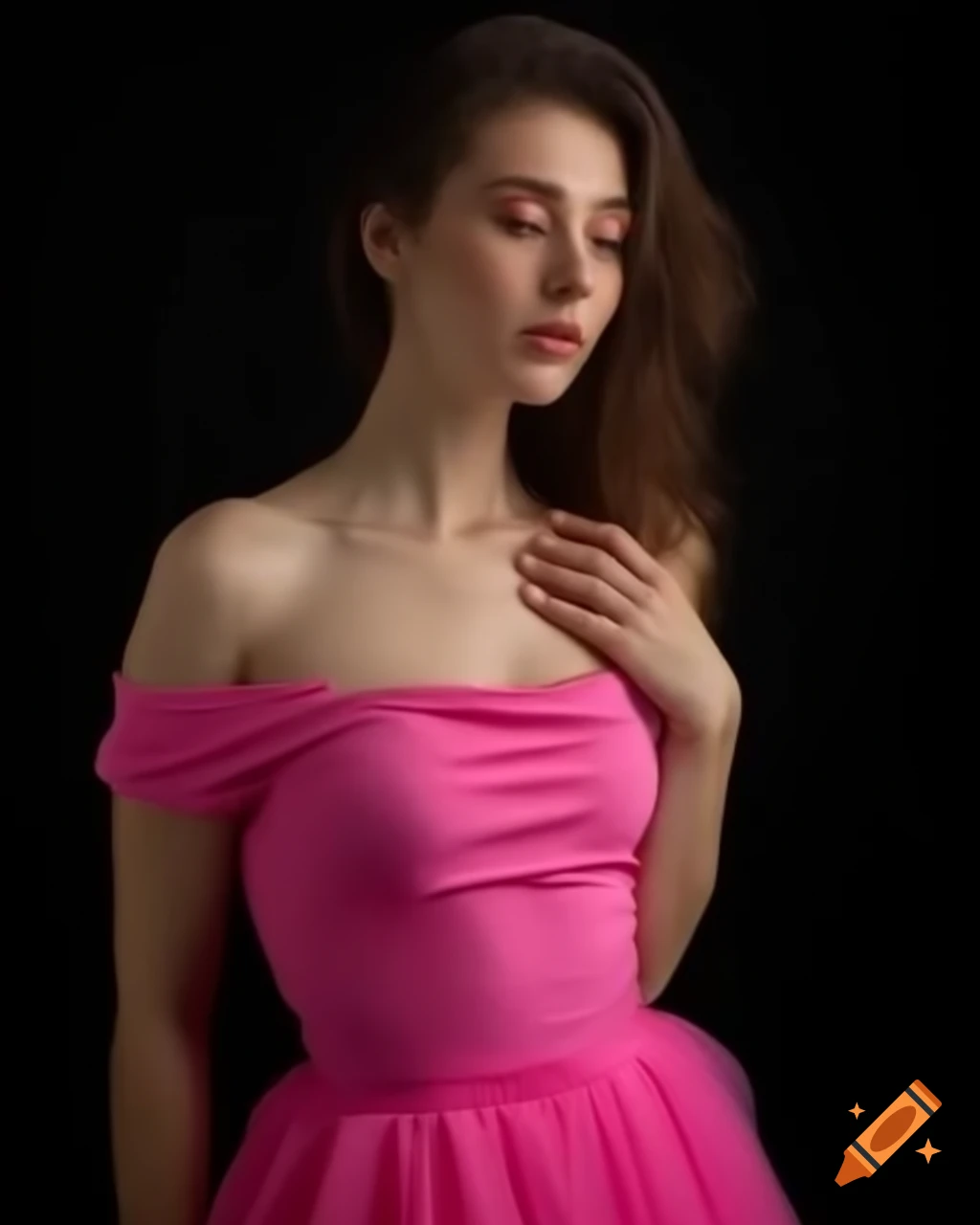 Woman in pop pink dress against black background