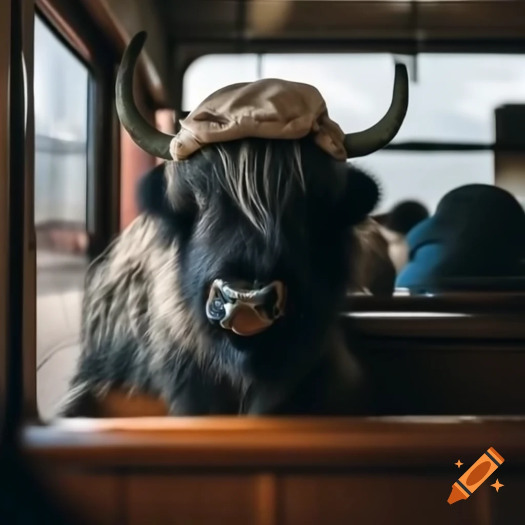 Yak in a flat cap with a knapsack riding a train on Craiyon