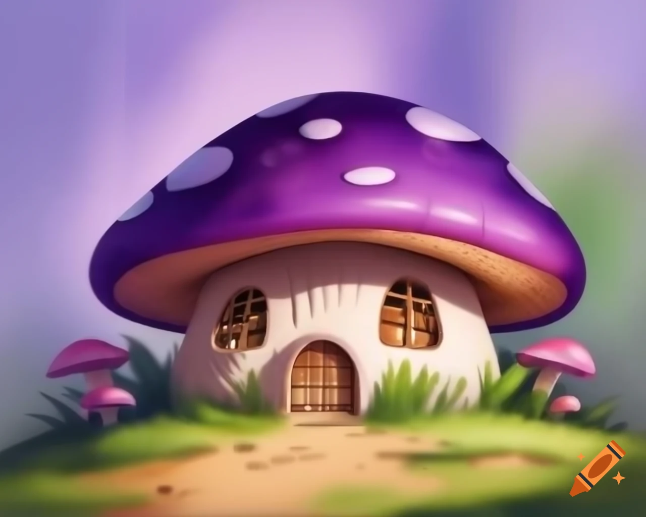 Watercolor mushroom house in violet and brown storybook style