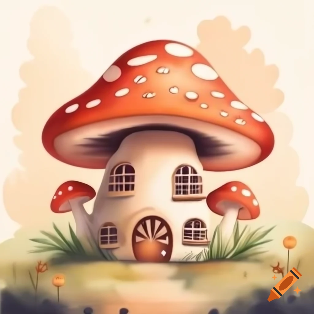 Watercolor mushroom house in warm mustard and brown tones, storybook style