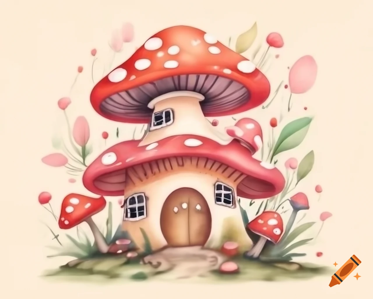Watercolor mushroom house in warm pink and brown storybook style