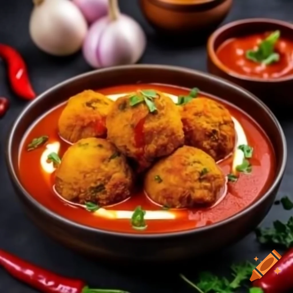 Indian style fried egg balls in red sauce curry with onions and capsicum