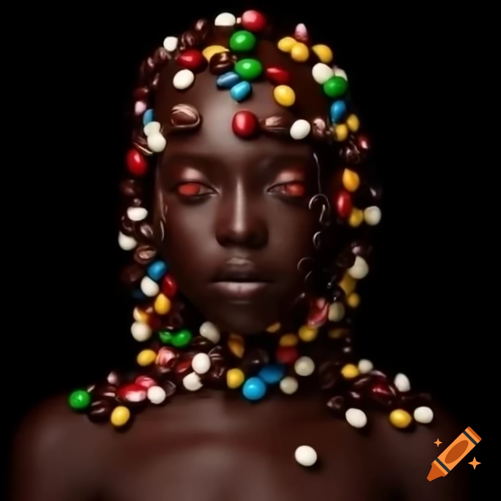 Heroic warrior made of chocolate and candy posing for camera in ultrarealistic style