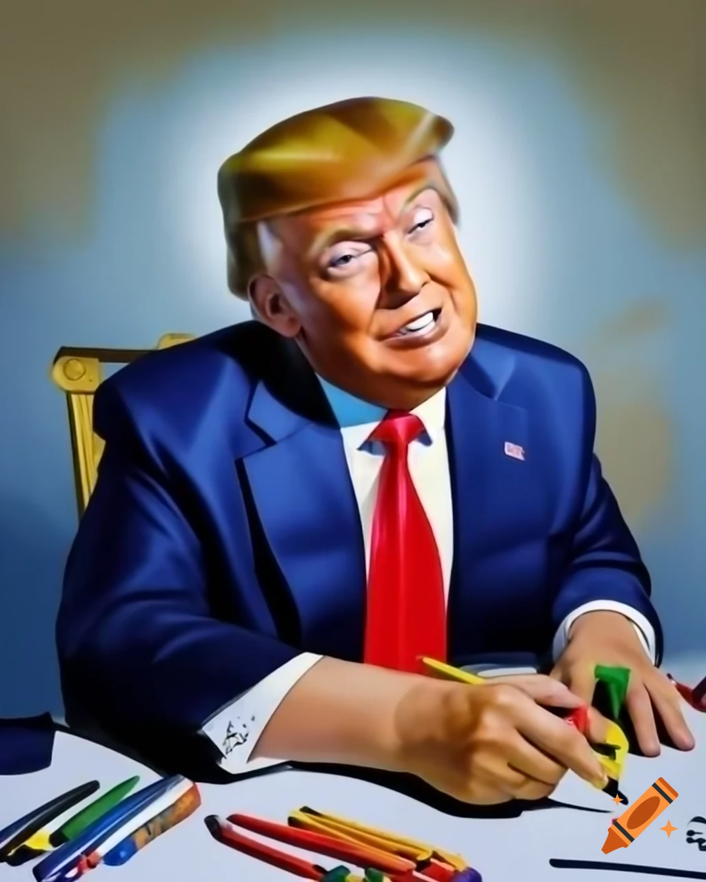 Donald Trump drawing with Crayola crayons in high chair
