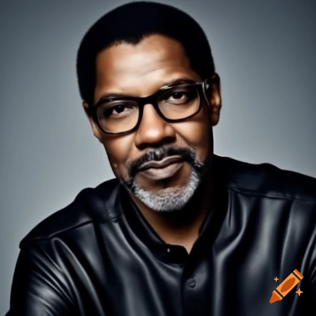 Denzel Washington wearing glasses and leather shirt with beard