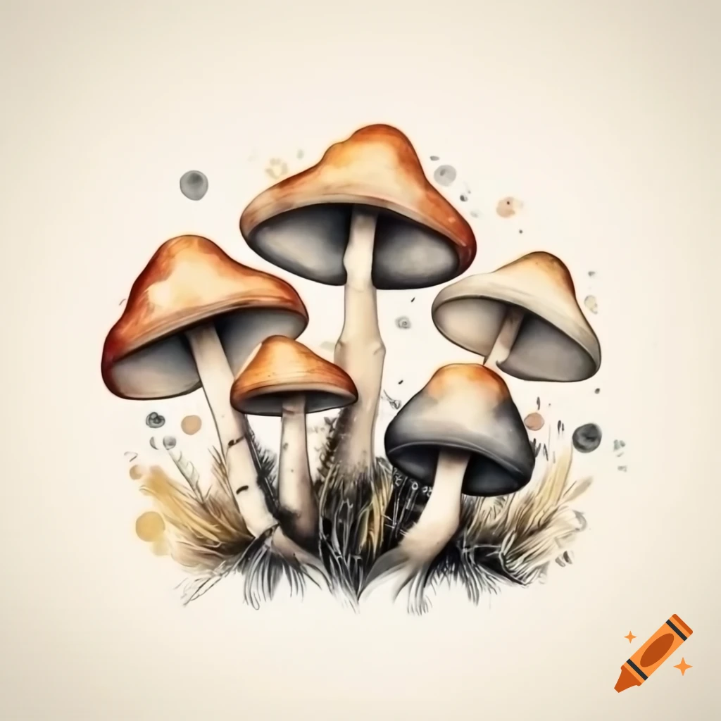Watercolor mushrooms in black and gold shades, storybook style