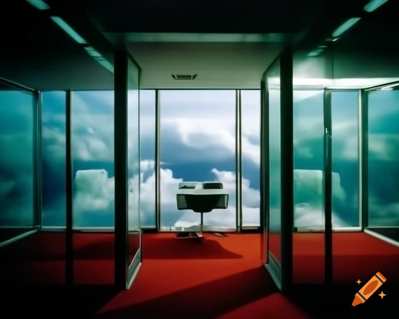 90s to early 2000s style office interior with retro carpet