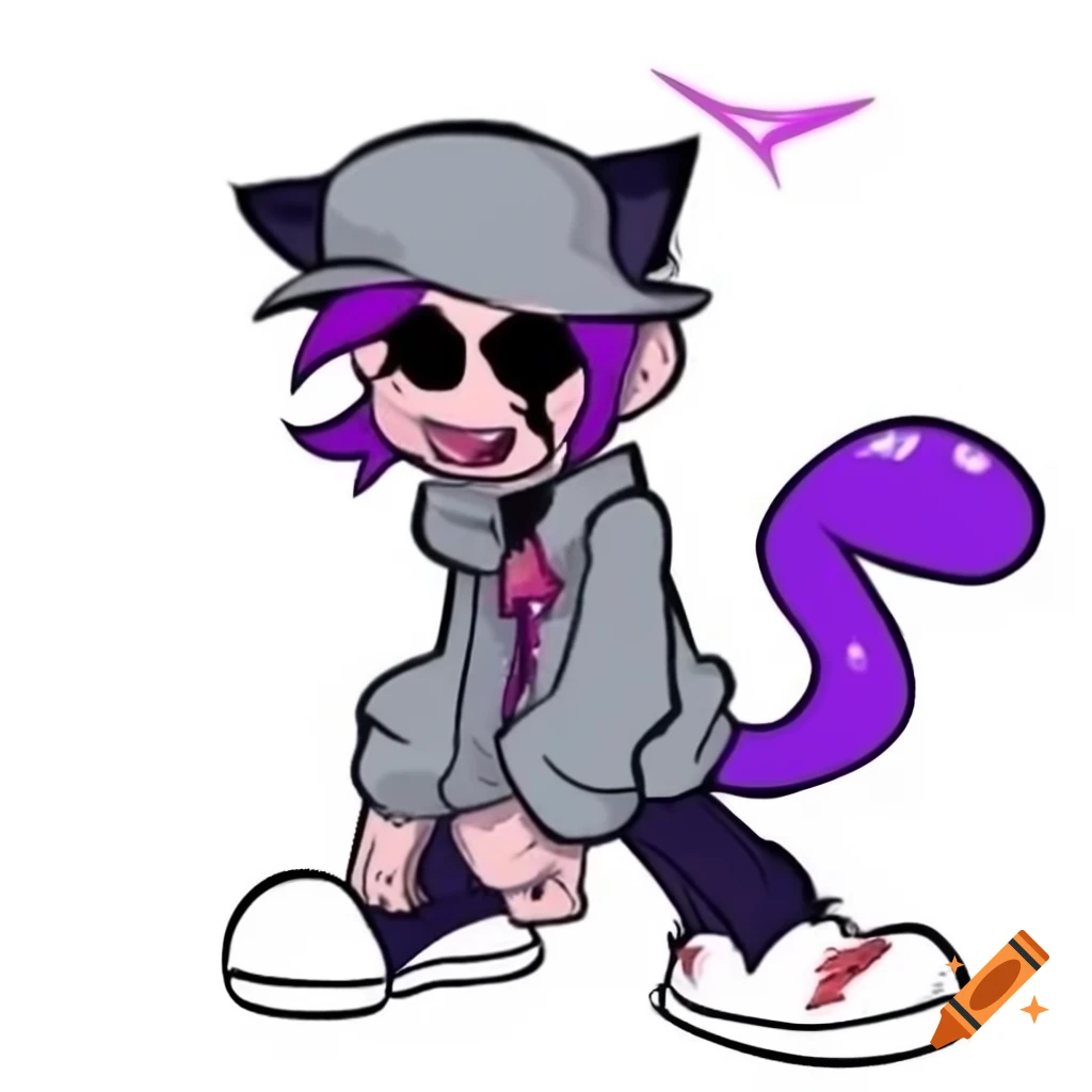 Character with gray captain hat, purple hair, cat ears, and tail in FNF style