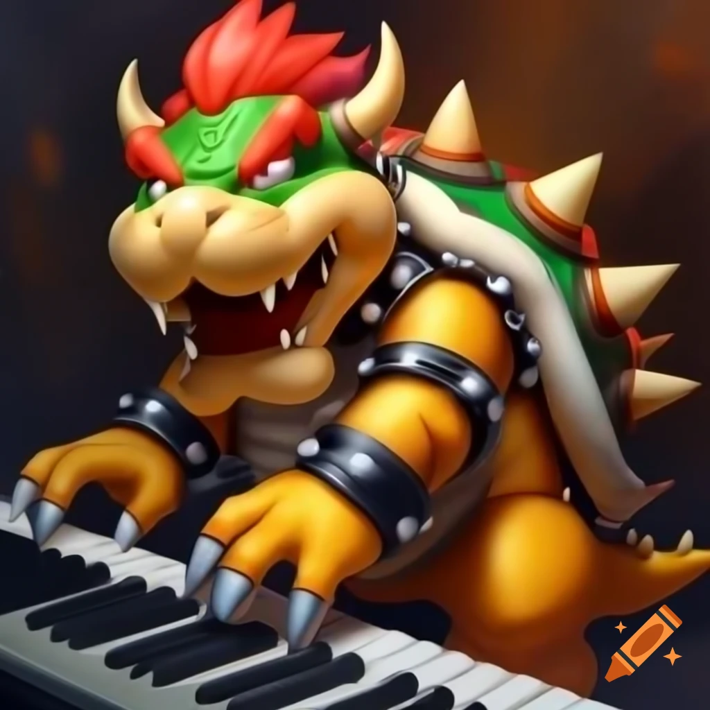 Bowser playing piano in a whimsical setting