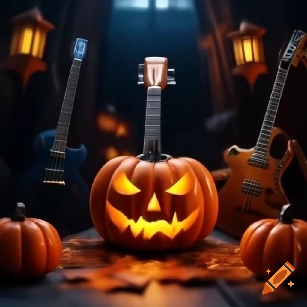 Halloween-themed guitar crafted from jack-o-lanterns