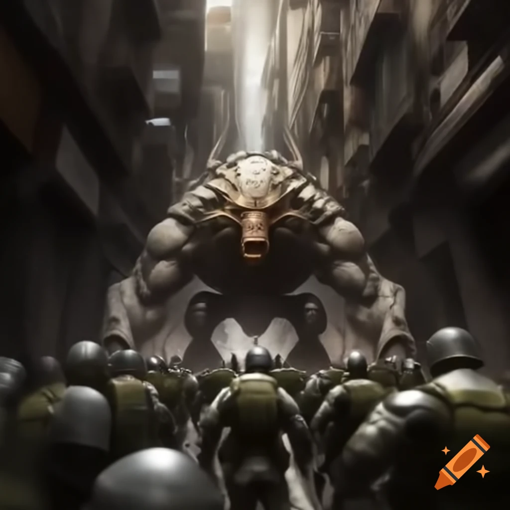 Inconsiderate general fighting in intense alleyway, surreal dream representation