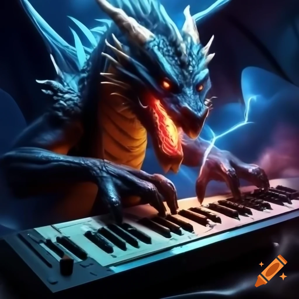 Dragon playing synthesizer amidst lasers, lightning, smoke, and galaxy