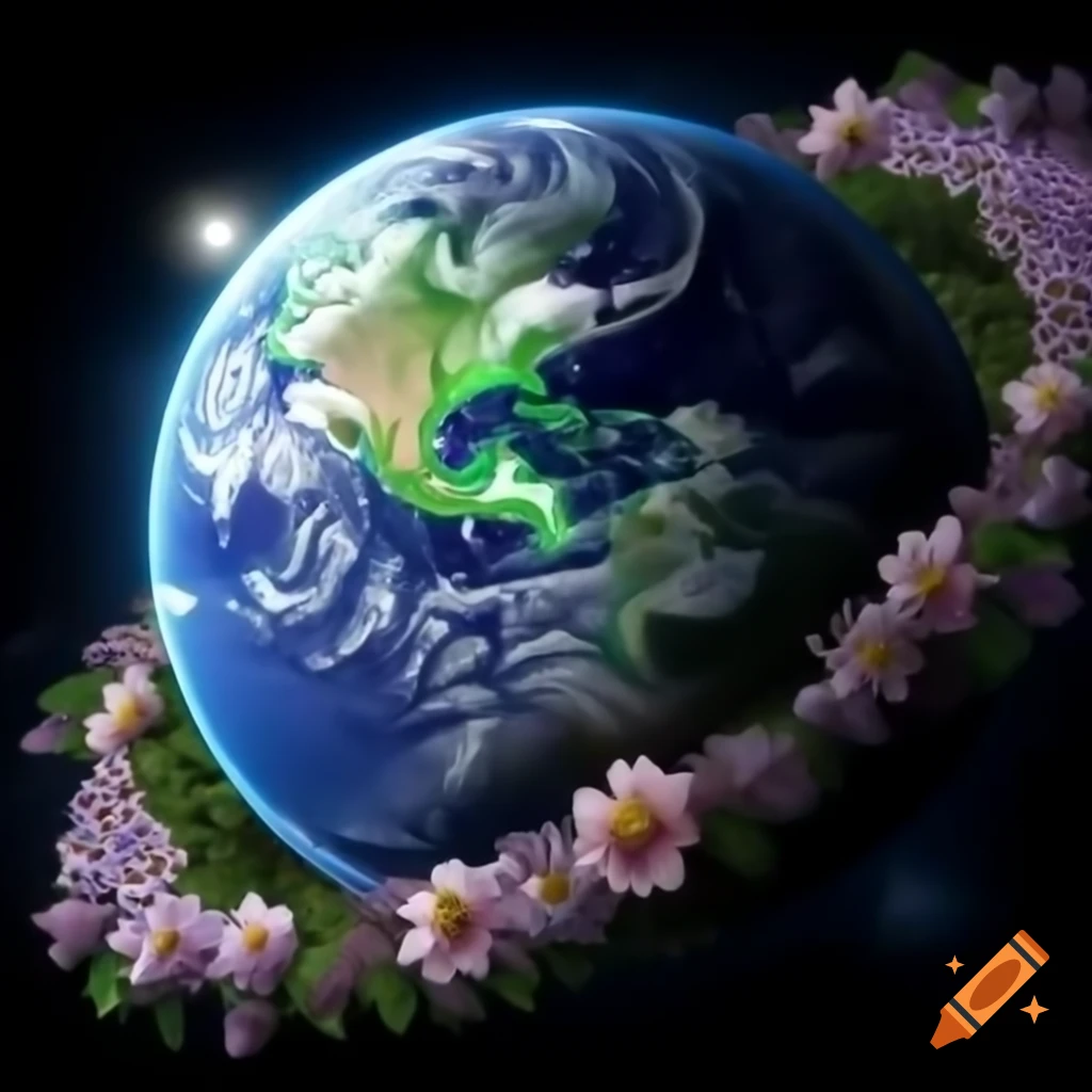 Earth planet surrounded by a border of flowers